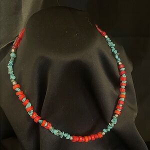 Turquoise and Red Beaded Necklace